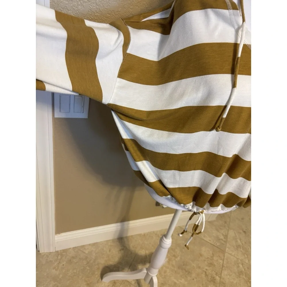 Aerie Women's Mustard And White Striped Oversized Lightweight Hooded Top, Small